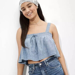 NWT American Eagle size Large Chambray Swing Tank Top Embroidered Western Blue L